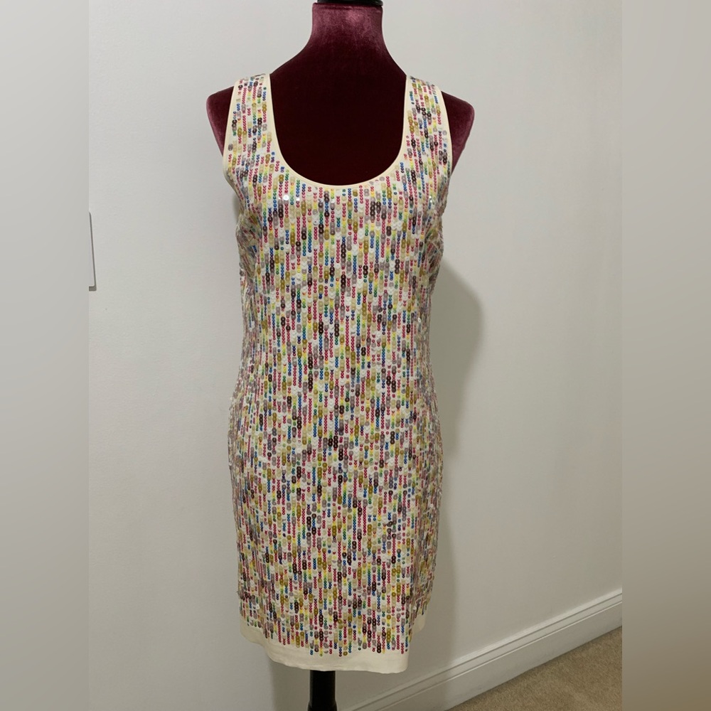 Trina Turk: Multi Color Sequined Ivory Dress by Trina Turk.